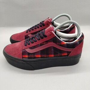 Vans Old Skool Platform Plaid Burgundy Suede‎ Sneakers Womens 8 Mens 6.5